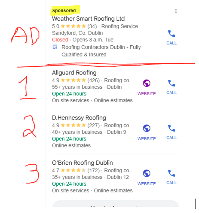 Google Map Pack showing top three roofing businesses in Dublin