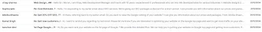 Screenshot of scam SEO emails in an inbox